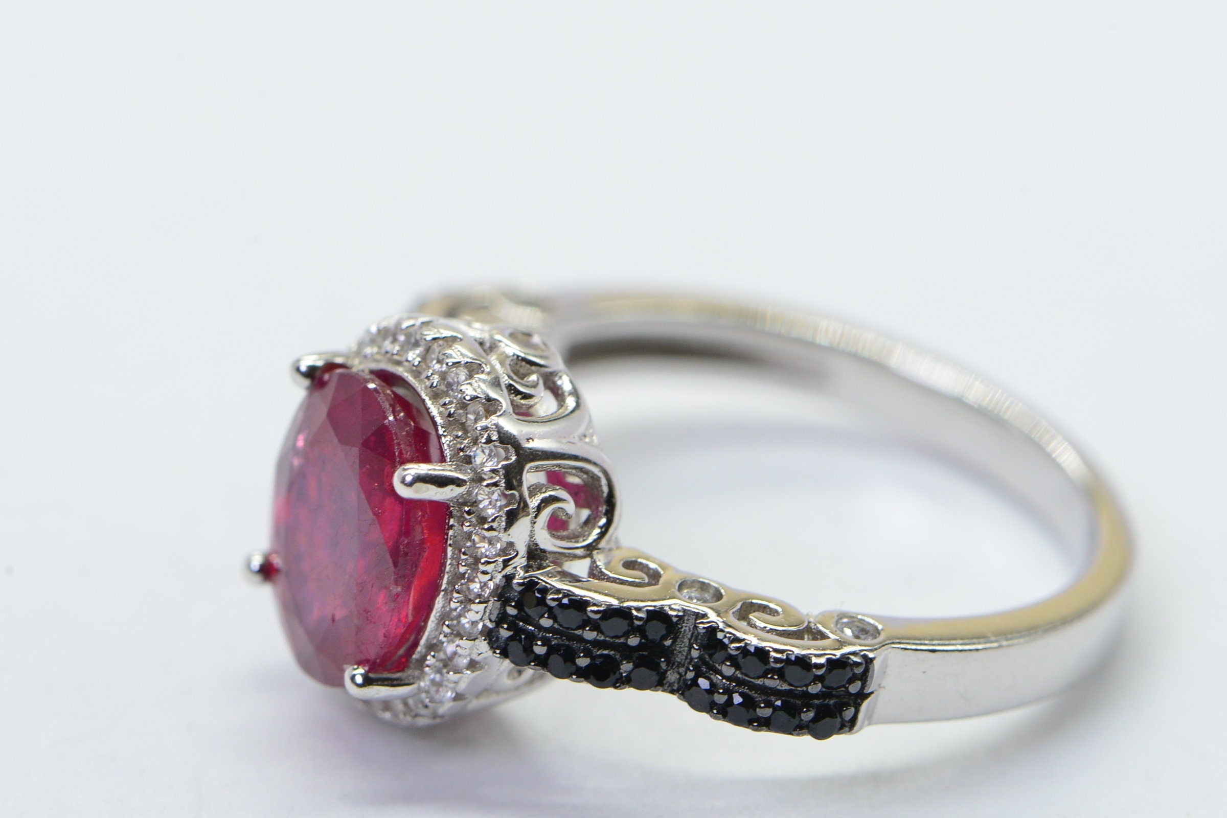 Oval Natural Ruby Black Diamond Ring  Sterling Silver Promise Engagement Ring