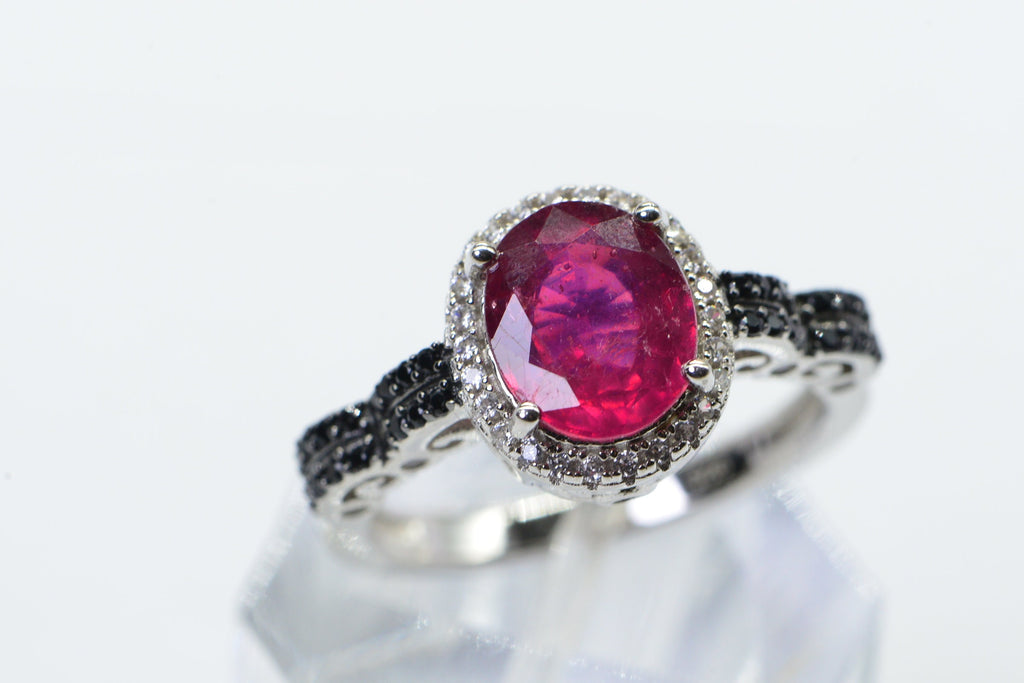 Oval Natural Ruby Black Diamond Ring  Sterling Silver Promise Engagement Ring