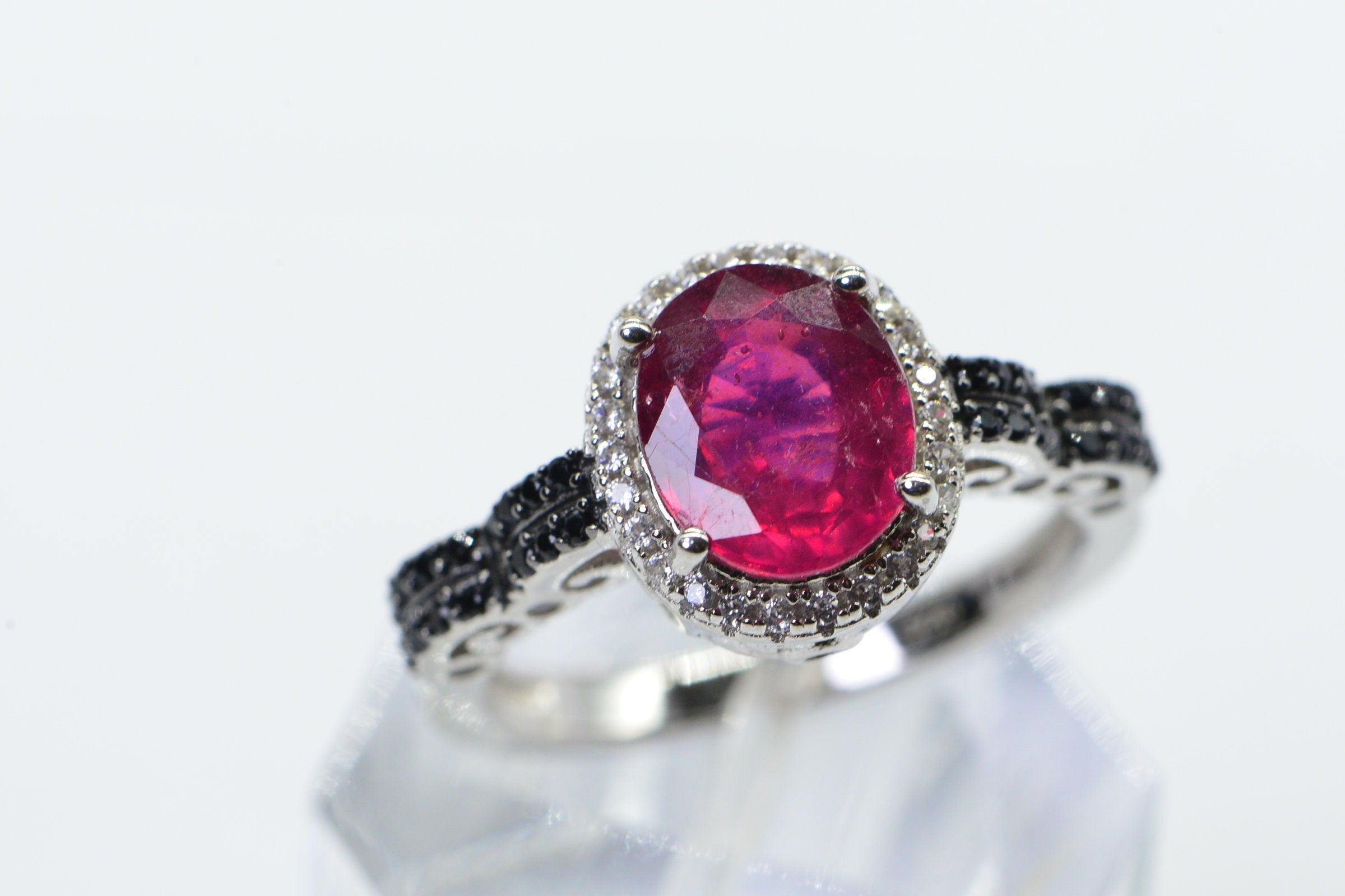 Oval Natural Ruby Black Diamond Ring  Sterling Silver Promise Engagement Ring