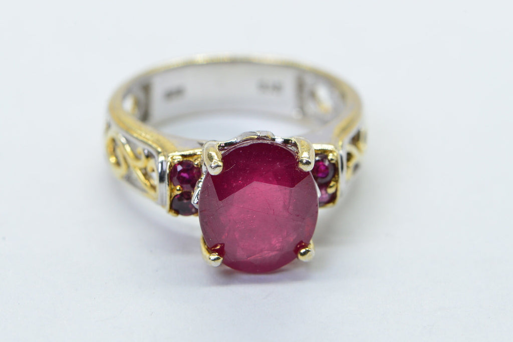 Oval Natural Ruby Ring Two Shade Metal 14K Gold Sterling Silver Promise Engagement Ring