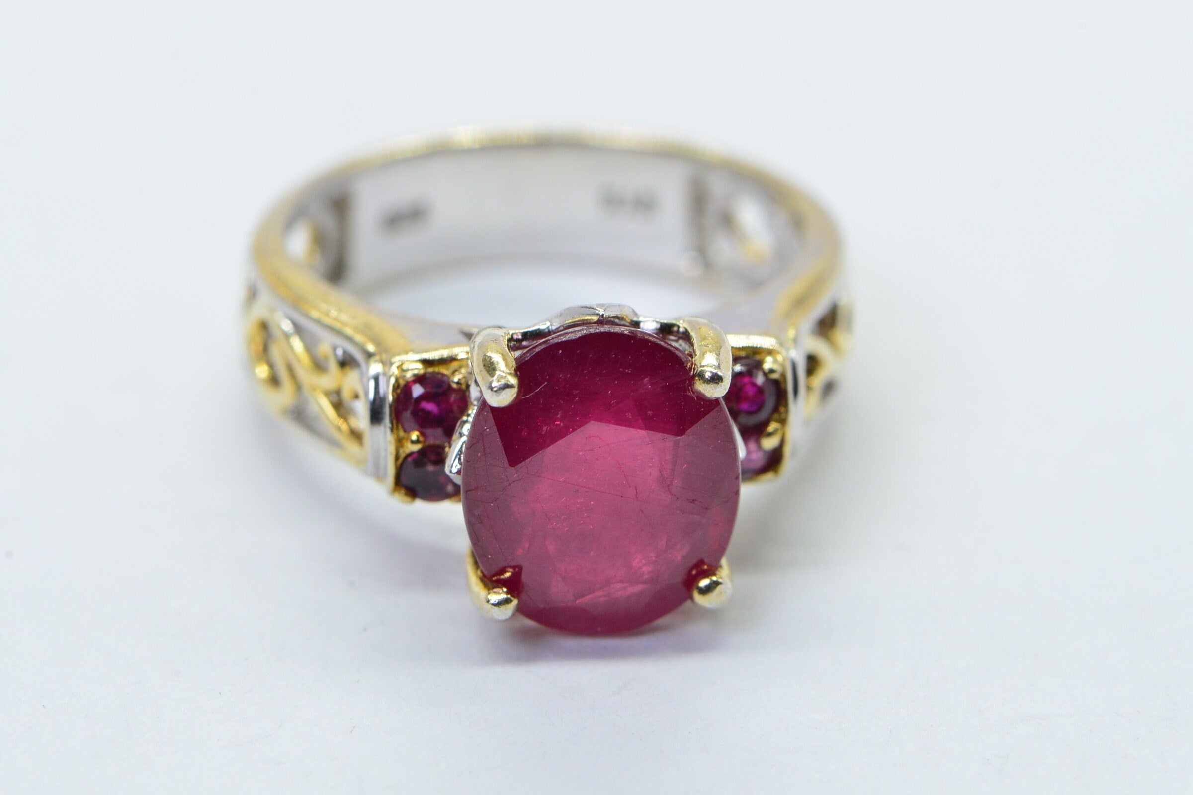 Oval Natural Ruby Ring Two Shade Metal 14K Gold Sterling Silver Promise Engagement Ring