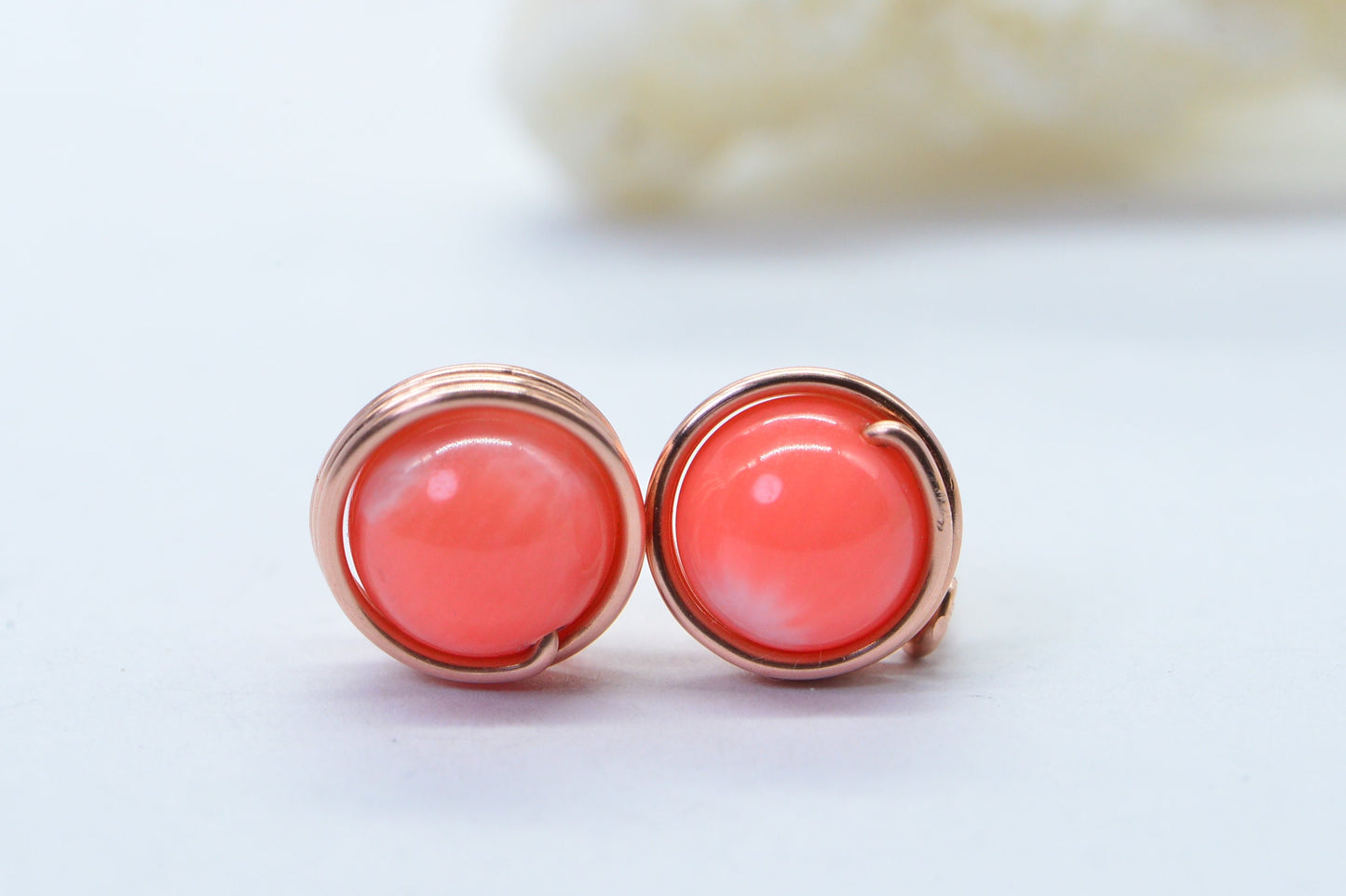 Handmade Copper Wire Wrapped Coral Stud Earrings