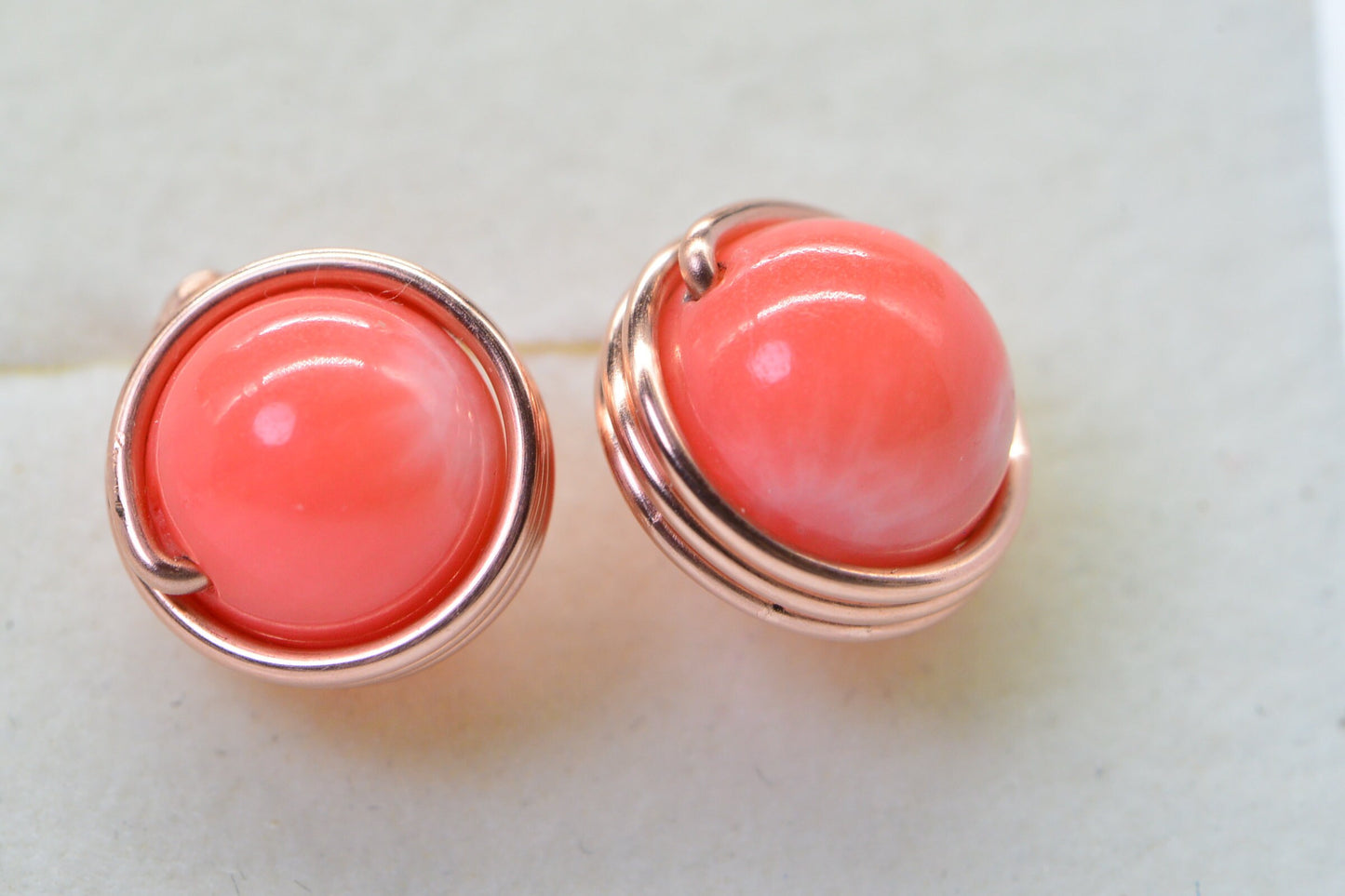 Handmade Copper Wire Wrapped Coral Stud Earrings