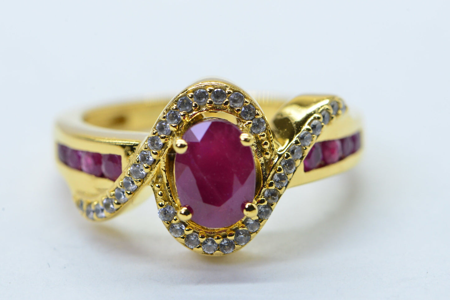 Vintage Ruby Ring, 24K Gold Plated Sterling Silver, Zircon Accents