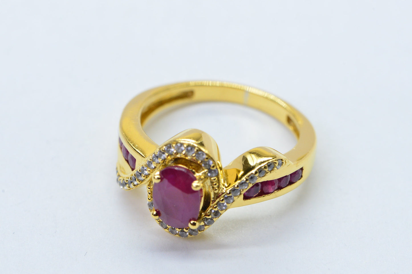 Vintage Ruby Ring, 24K Gold Plated Sterling Silver, Zircon Accents