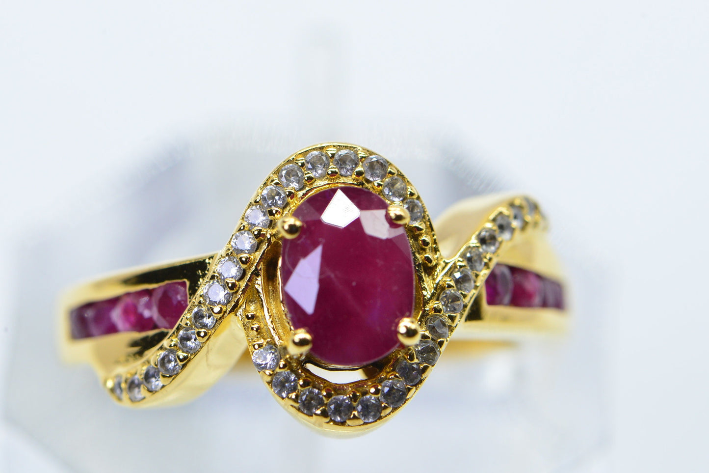 Vintage Ruby Ring, 24K Gold Plated Sterling Silver, Zircon Accents