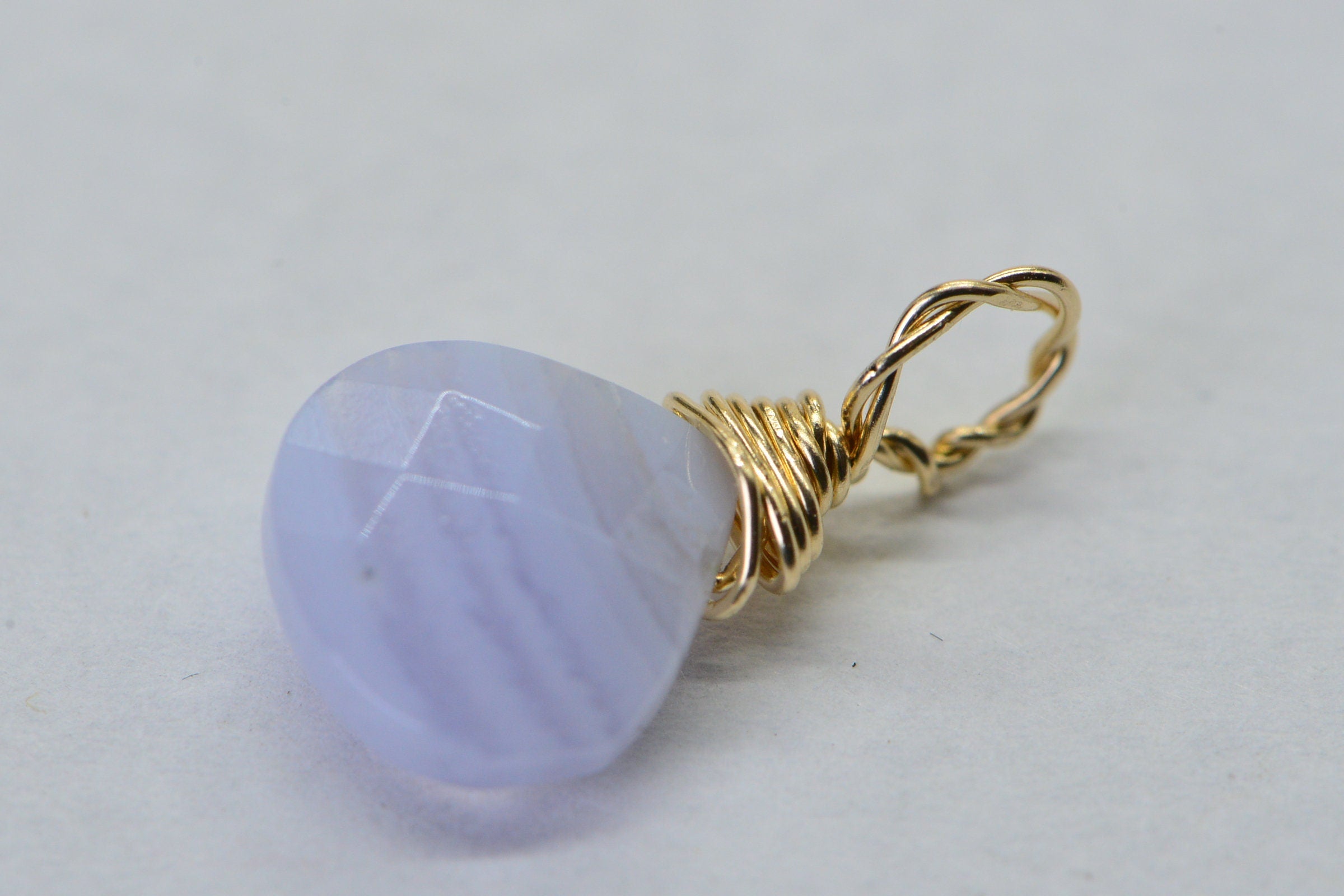 9mm Blue Lace Agate hearts teardrop wire wrapped 14K yellow gold filled