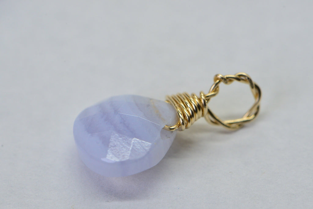 9mm Blue Lace Agate hearts teardrop wire wrapped 14K yellow gold filled