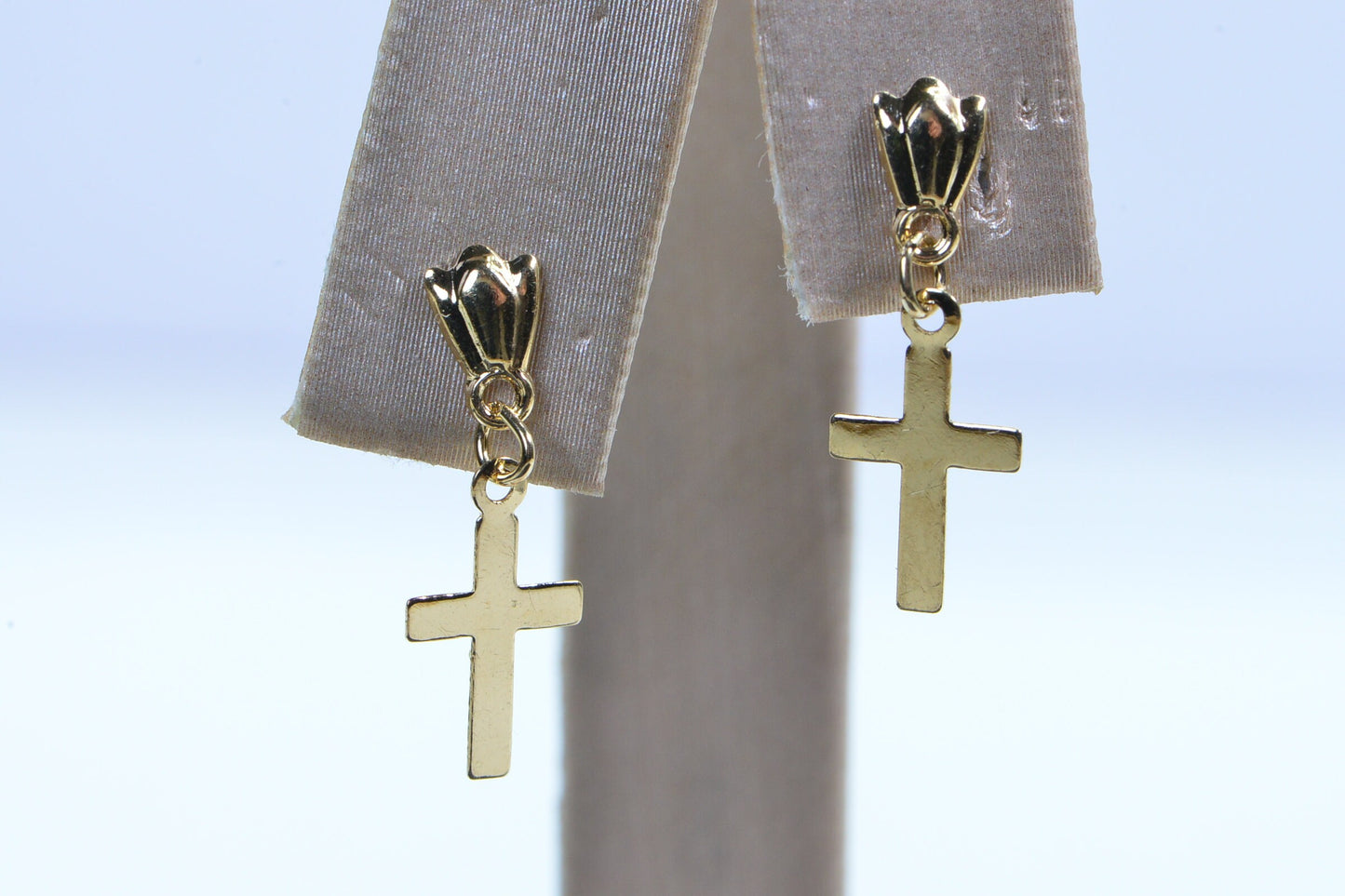 14K Yellow Gold Cross Earrings: Tiny Dangle Studs