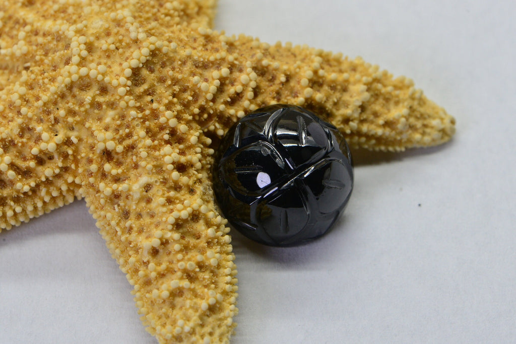 Black Tourmaline Flower Carved Gemstone: 12mm Flat Back Cabochon
