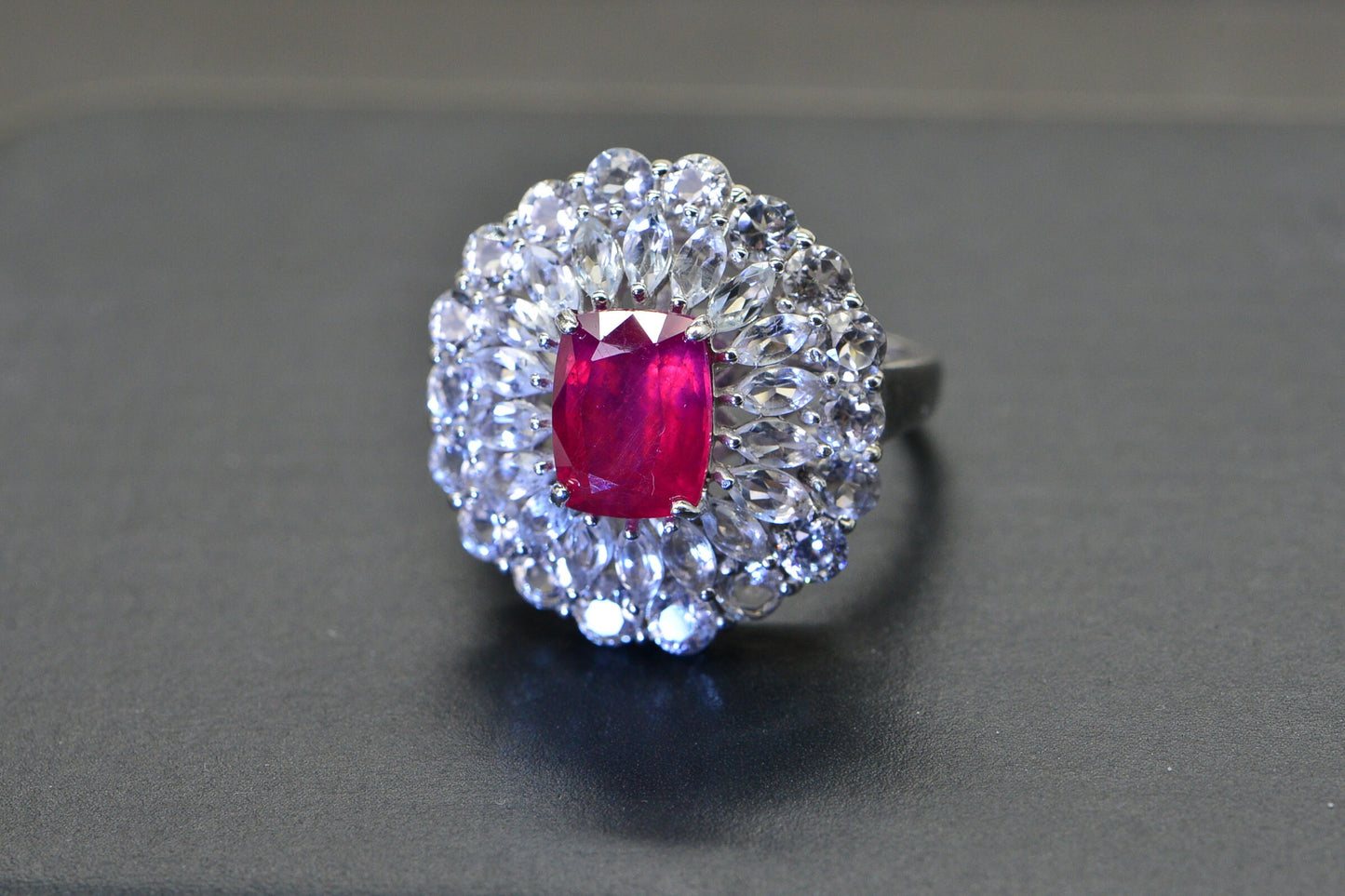 Natural Ruby Marquise Halo Ring: Sterling Silver Birthstone Cocktail Ring