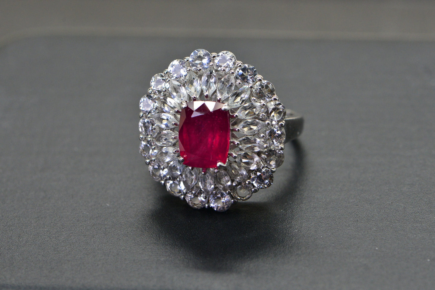 Natural Ruby Marquise Halo Ring: Sterling Silver Birthstone Cocktail Ring