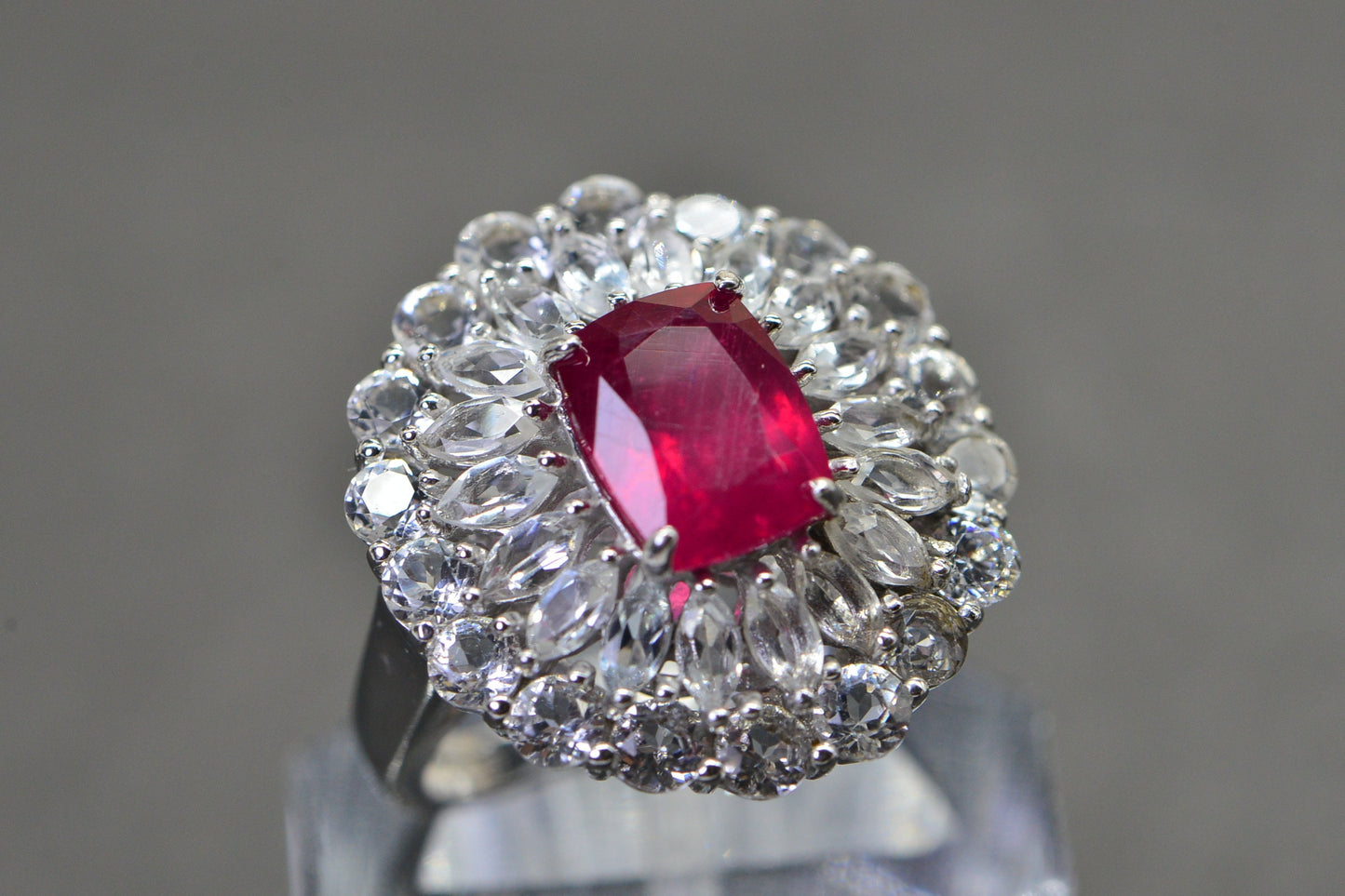 Natural Ruby Marquise Halo Ring: Sterling Silver Birthstone Cocktail Ring