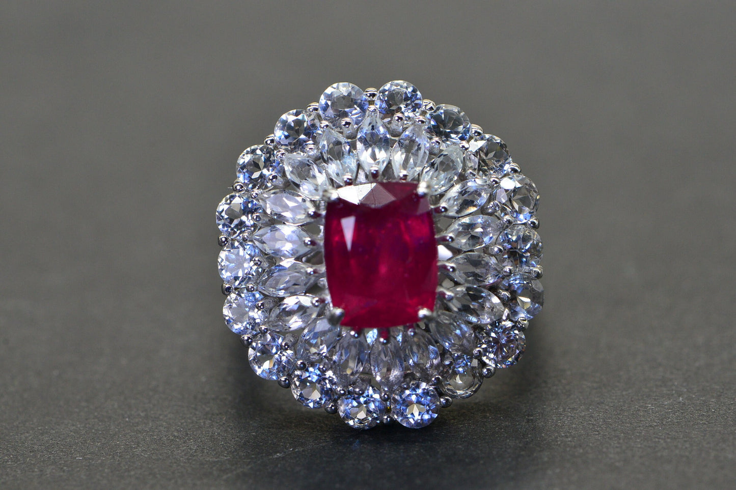 Natural Ruby Marquise Halo Ring: Sterling Silver Birthstone Cocktail Ring
