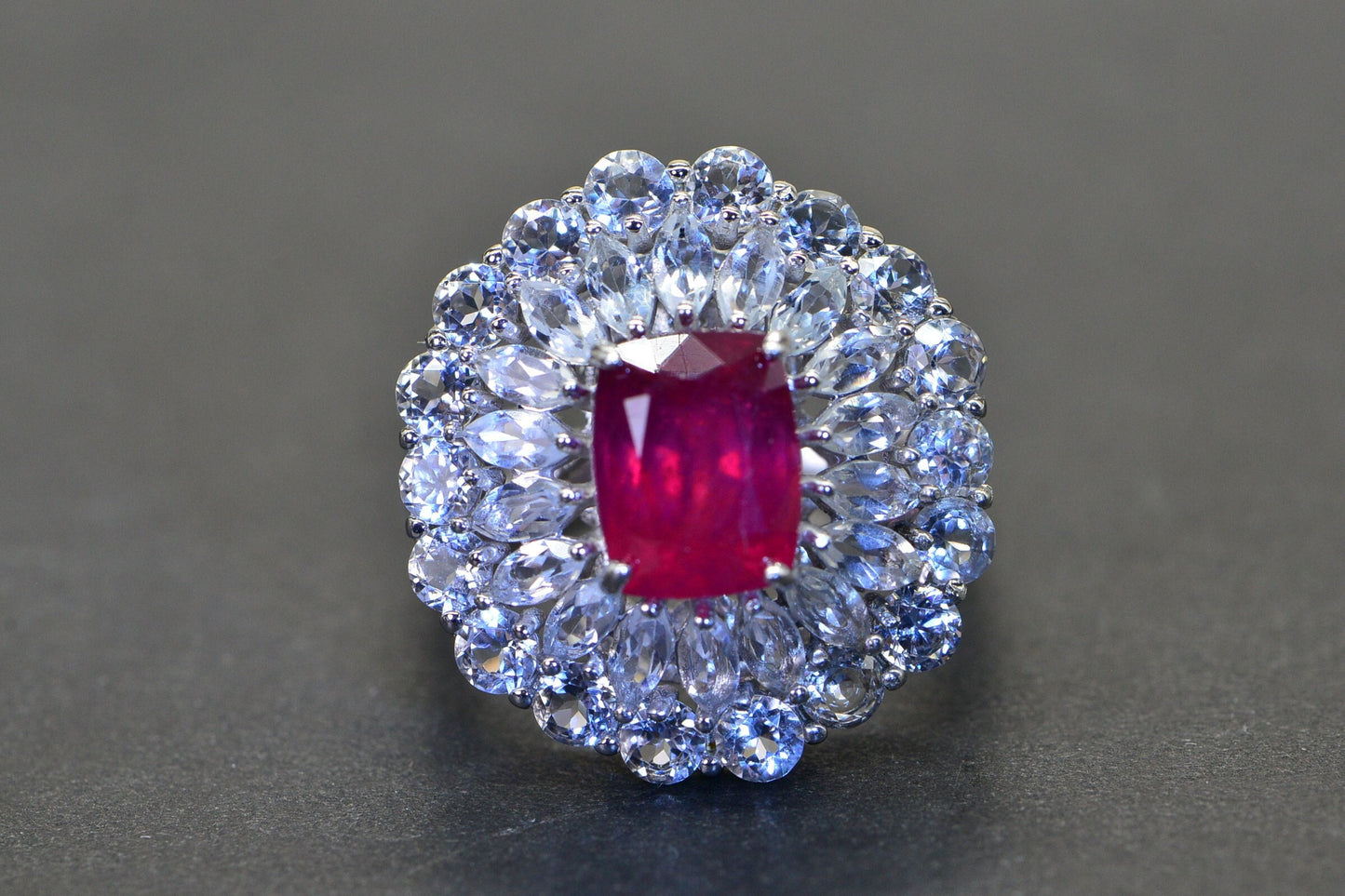 Natural Ruby Marquise Halo Ring: Sterling Silver Birthstone Cocktail Ring