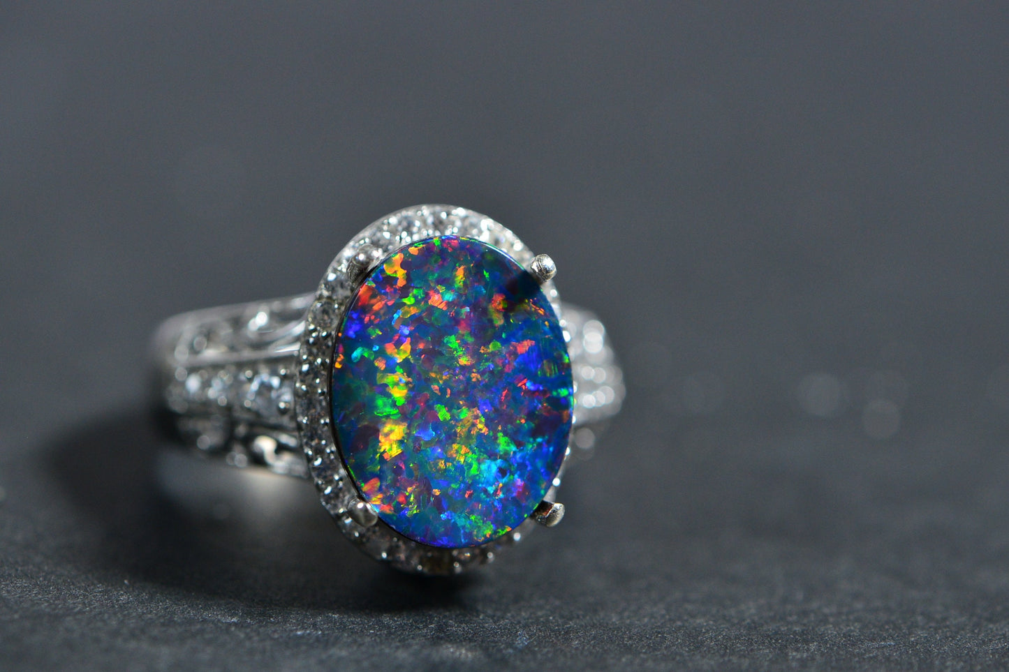 Australian Black Opal Rainbow Metallic Blue Oval Halo Style Ring Custom Order Ring