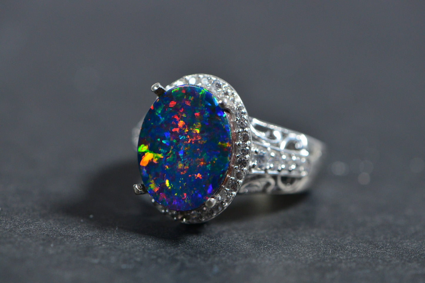 Australian Black Opal Rainbow Metallic Blue Oval Halo Style Ring Custom Order Ring