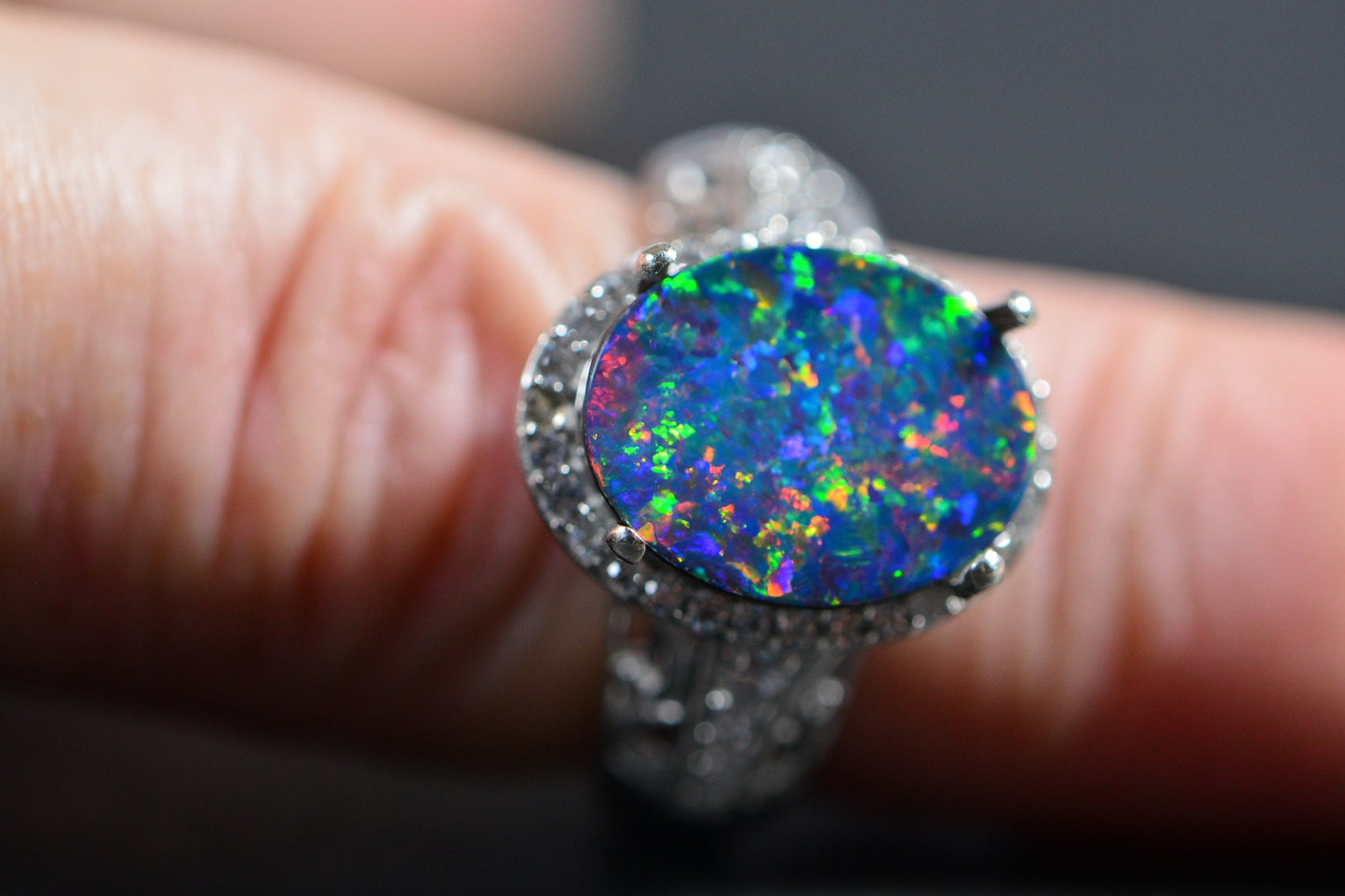 Australian Black Opal Rainbow Metallic Blue Oval Halo Style Ring Custom Order Ring