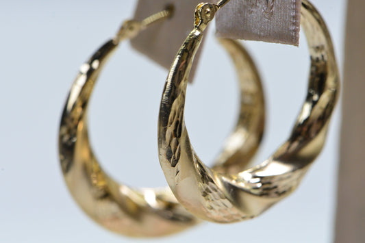 14K Yellow Gold Hoop Earrings: Diamond Cut Twisted Hoops, 25mm