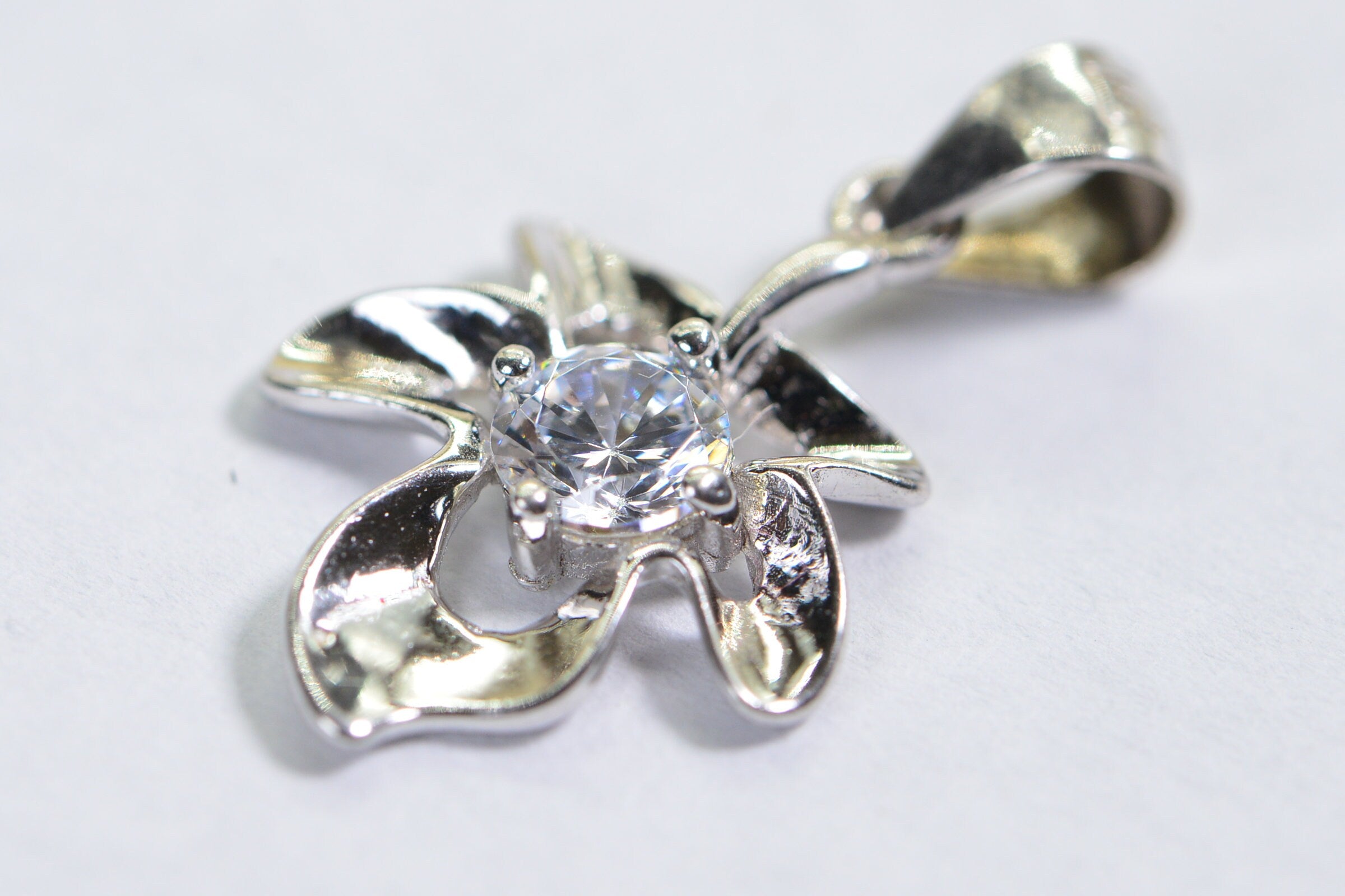 Clear Crystal Leaf Flower Small Charm Sterling Silver Dangle Charm Tiny