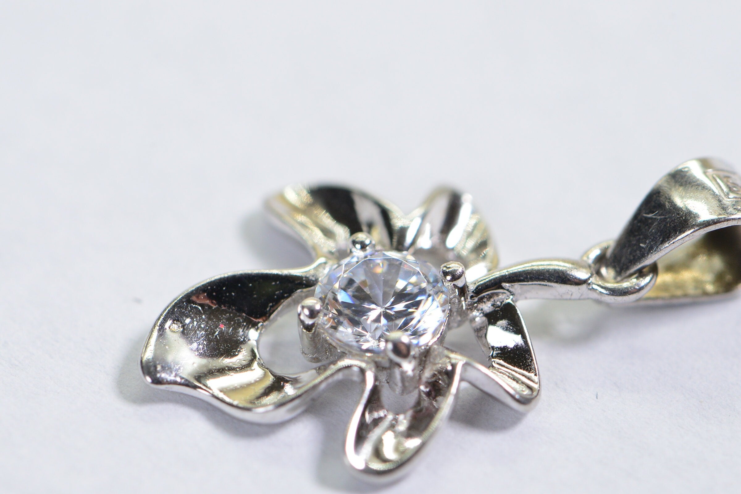 Clear Crystal Leaf Flower Small Charm Sterling Silver Dangle Charm Tiny