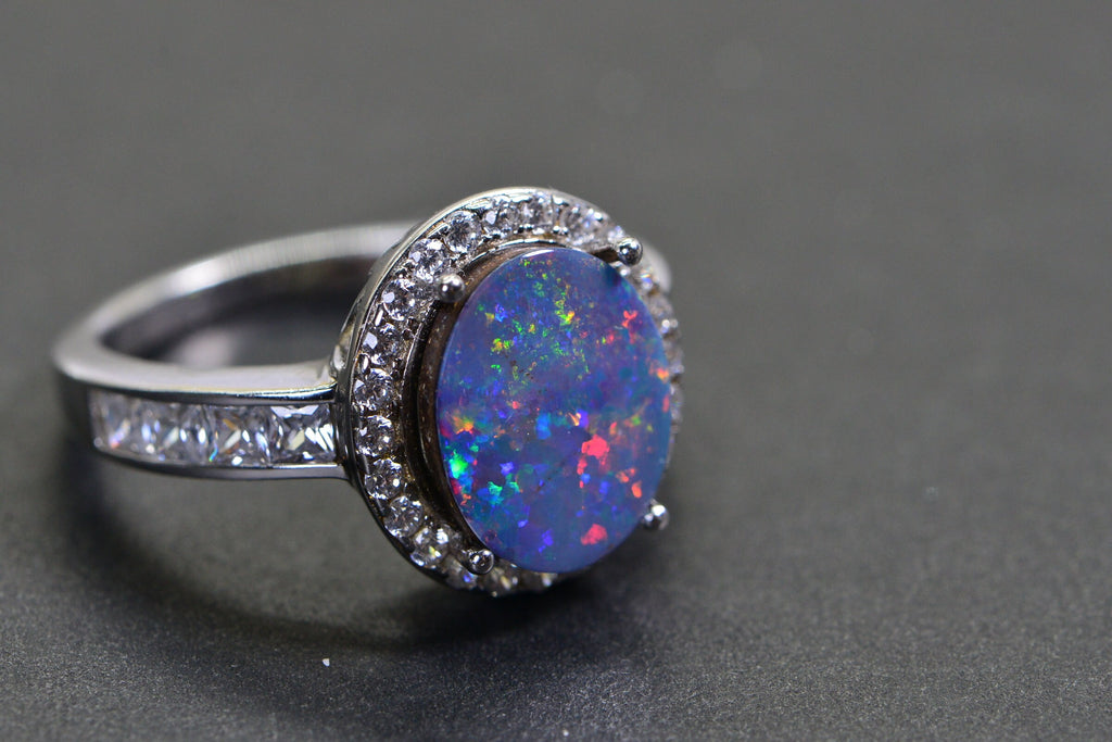 Australian Opal Ring: Sterling Silver Diamond Halo, October Birthstone