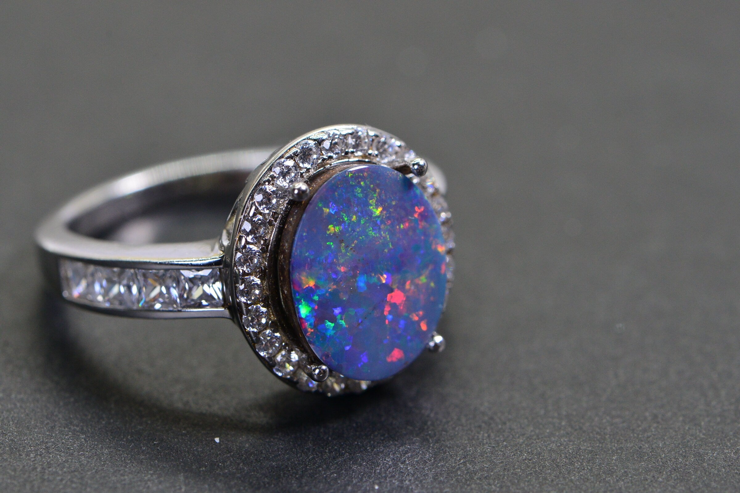Australian Opal Ring: Sterling Silver Diamond Halo, October Birthstone