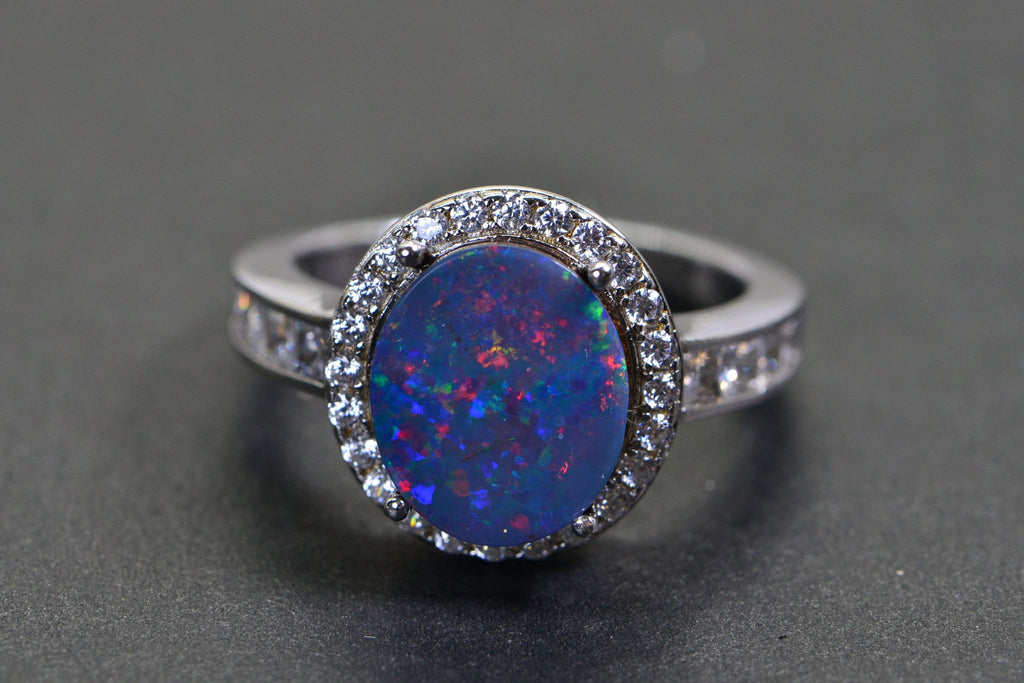 Australian Opal Ring: Sterling Silver Diamond Halo, October Birthstone