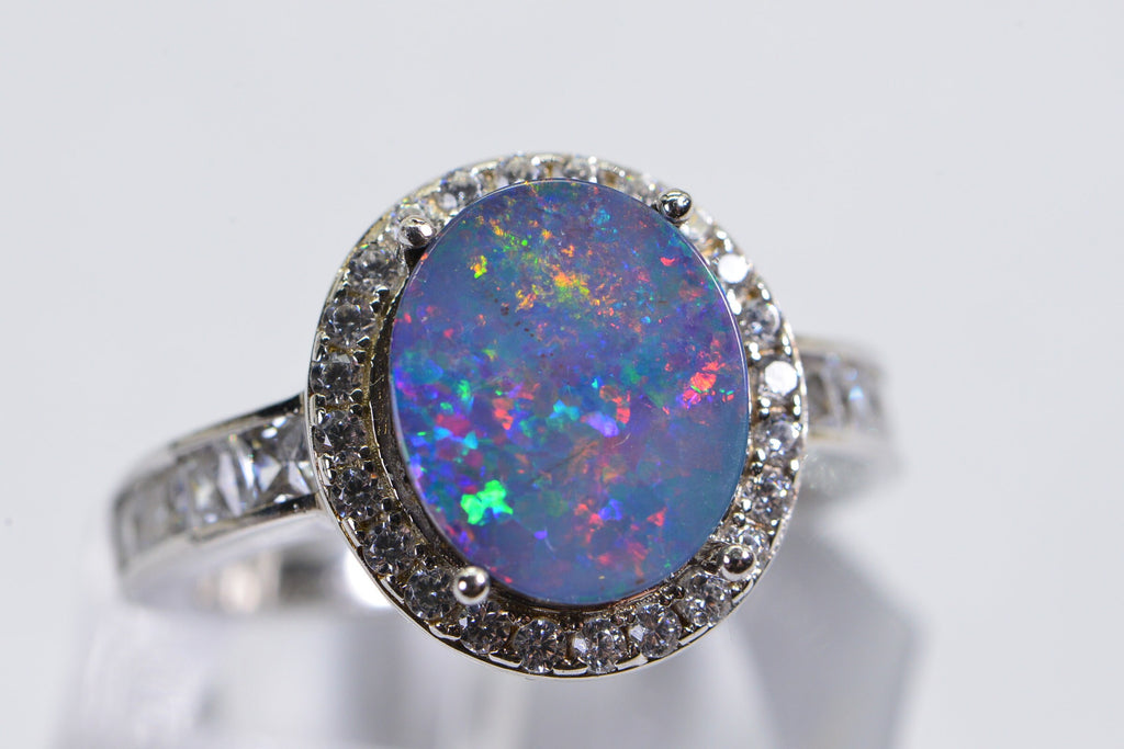 Australian Opal Ring: Sterling Silver Diamond Halo, October Birthstone