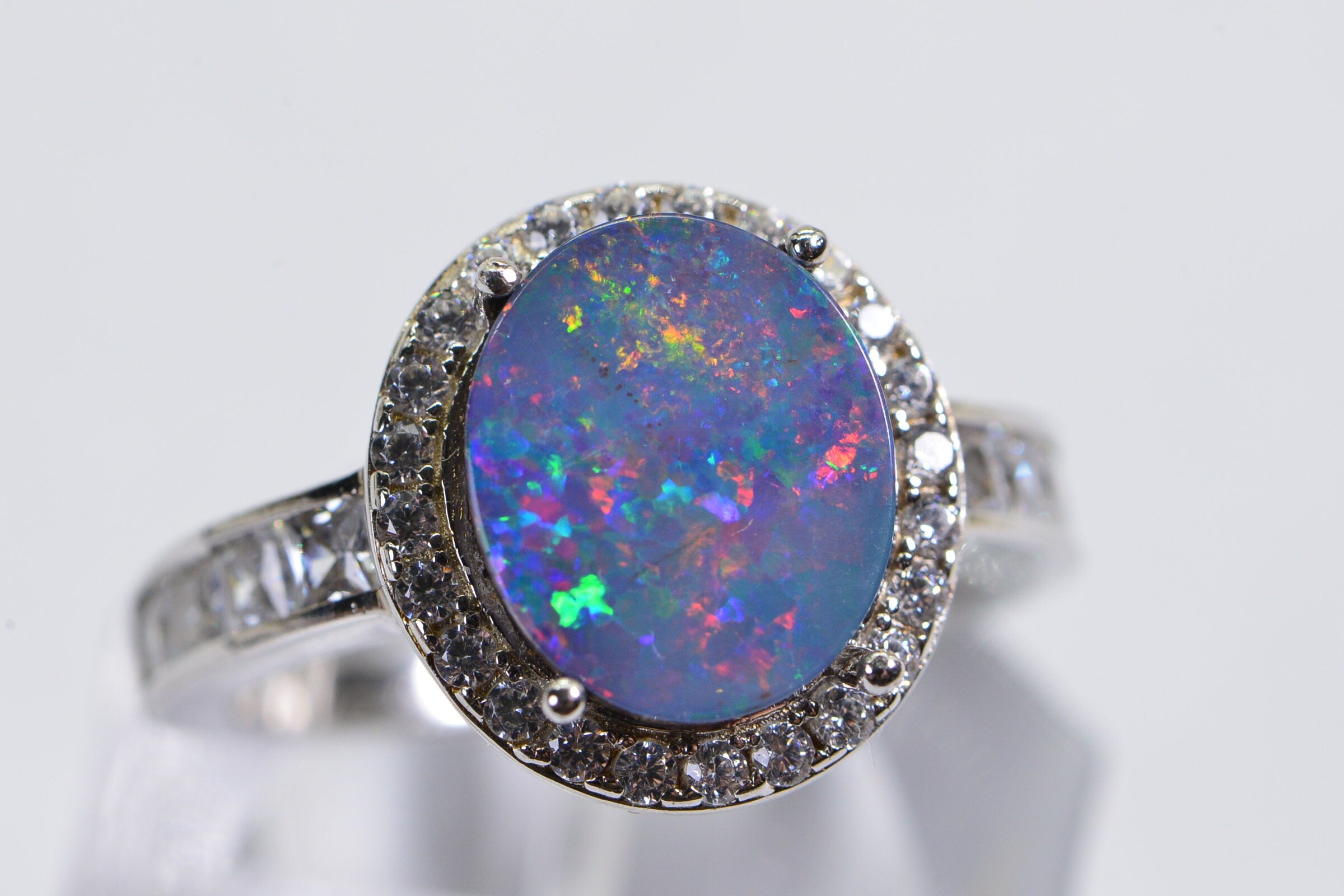 Australian Opal Ring: Sterling Silver Diamond Halo, October Birthstone
