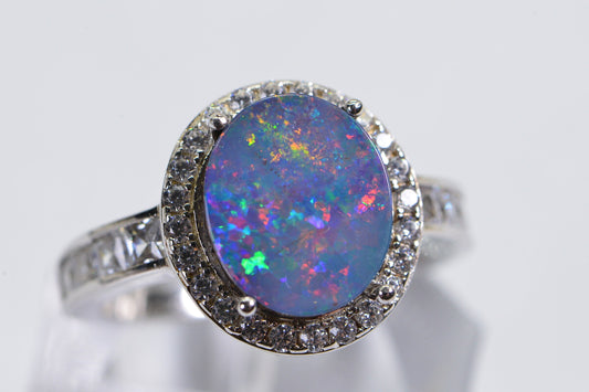 Australian Opal Ring: Sterling Silver Diamond Halo, October Birthstone
