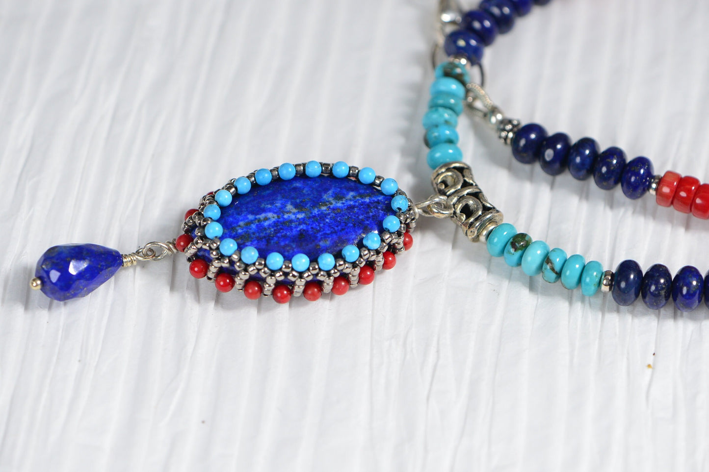 Lapis Lazuli Coral Turquoise Bead Necklace with Lariat pendant beaded