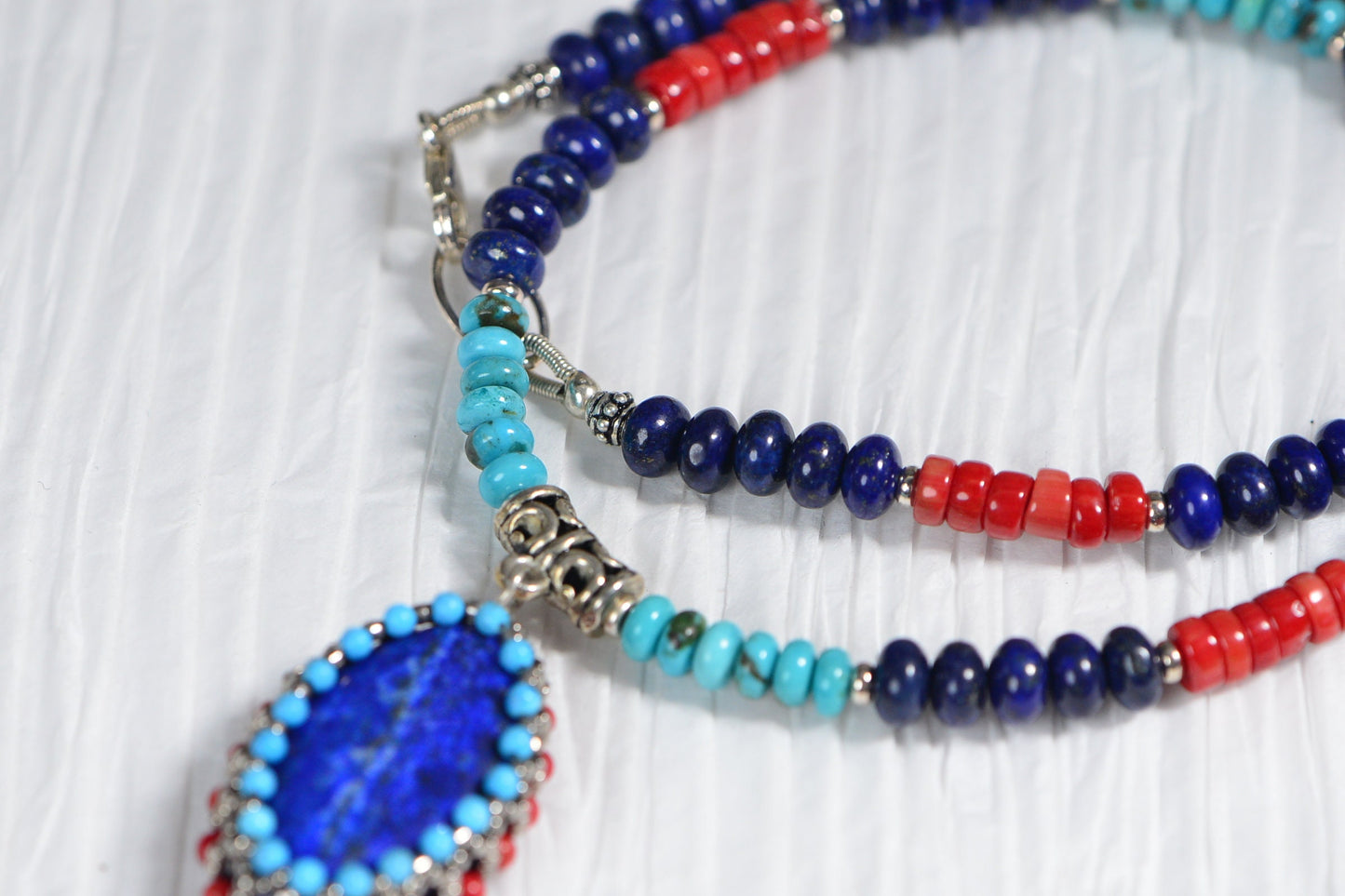 Lapis Lazuli Coral Turquoise Bead Necklace with Lariat pendant beaded