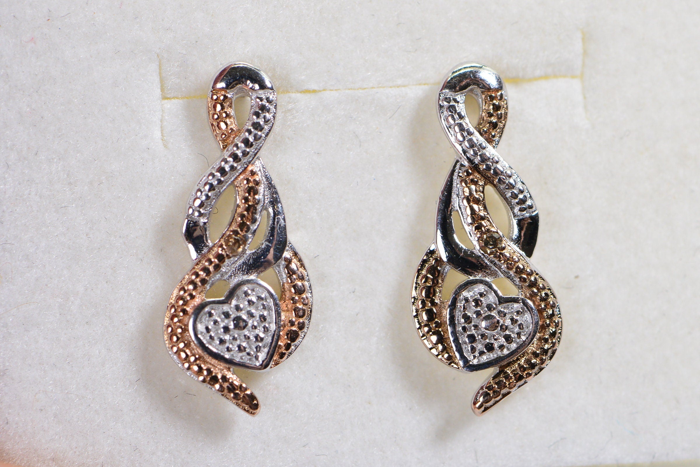 Sterling Silver and Rose Gold Real Diamond Tiny Stud Earrings