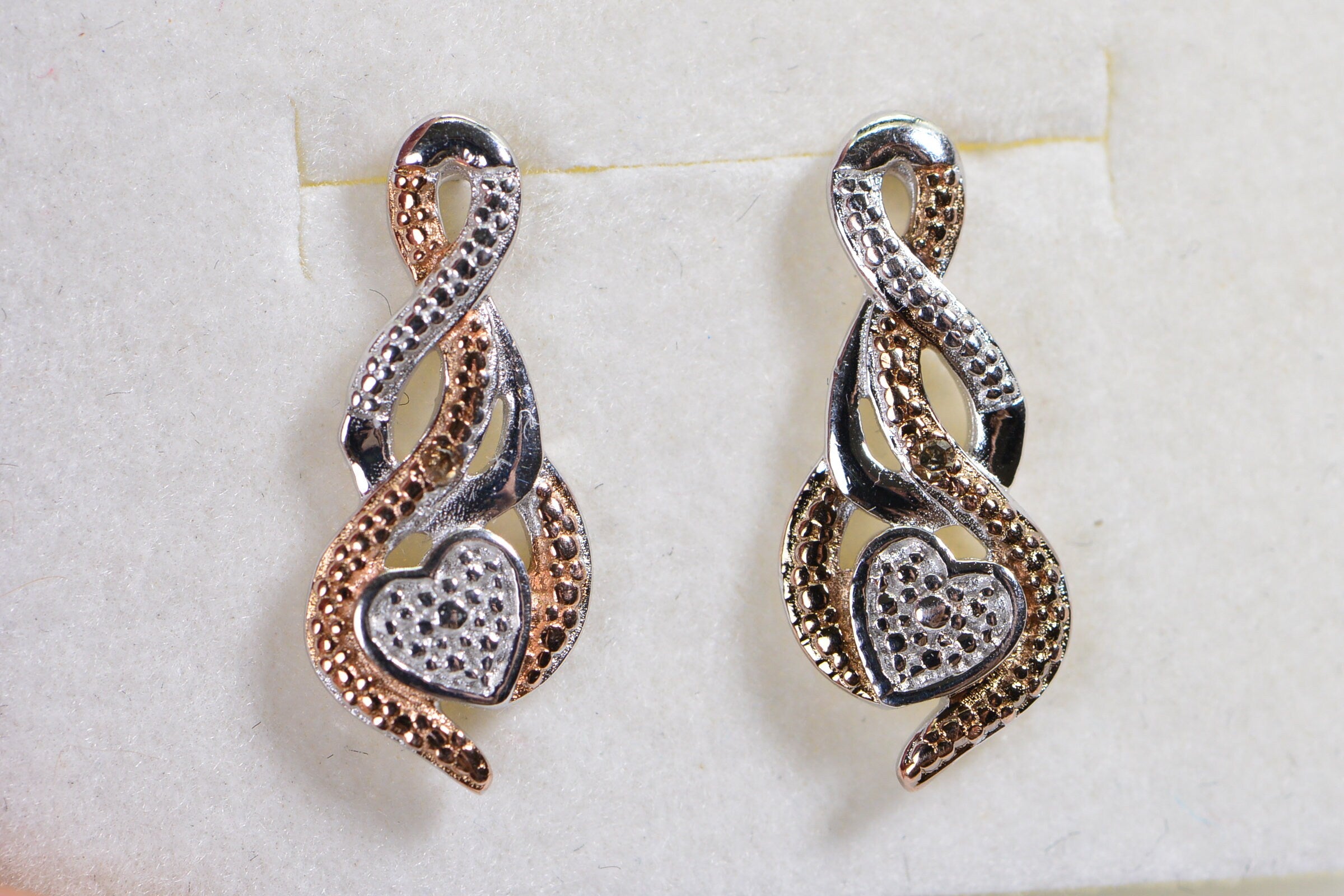 Sterling Silver and Rose Gold Real Diamond Tiny Stud Earrings
