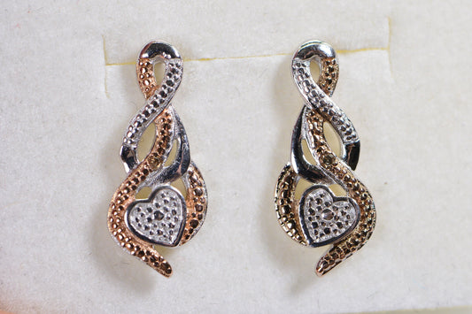 Sterling Silver and Rose Gold Real Diamond Tiny Stud Earrings