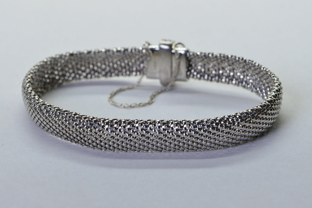 Solid Sterling Silver Flat Mesh Width 10mm Bracelet Sparkly Finished Rhodium Vintage Bracelet