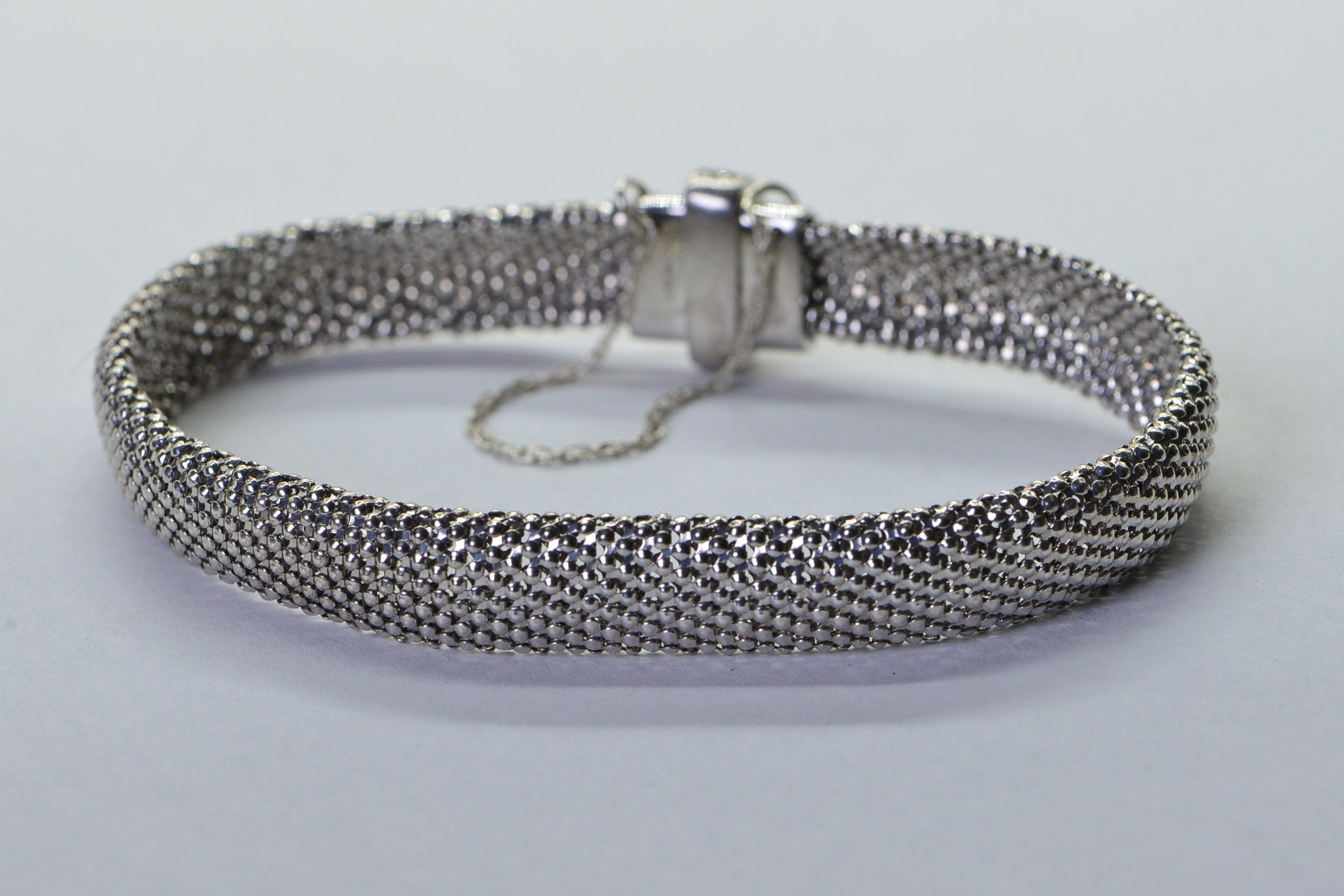 Solid Sterling Silver Flat Mesh Width 10mm Bracelet Sparkly Finished Rhodium Vintage Bracelet