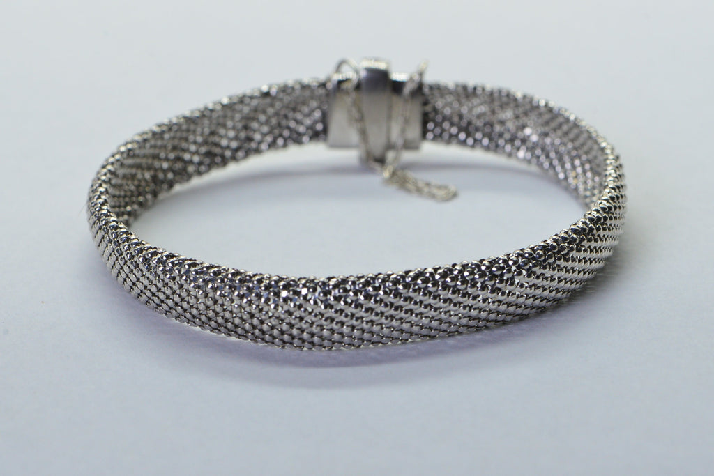Solid Sterling Silver Flat Mesh Width 10mm Bracelet Sparkly Finished Rhodium Vintage Bracelet