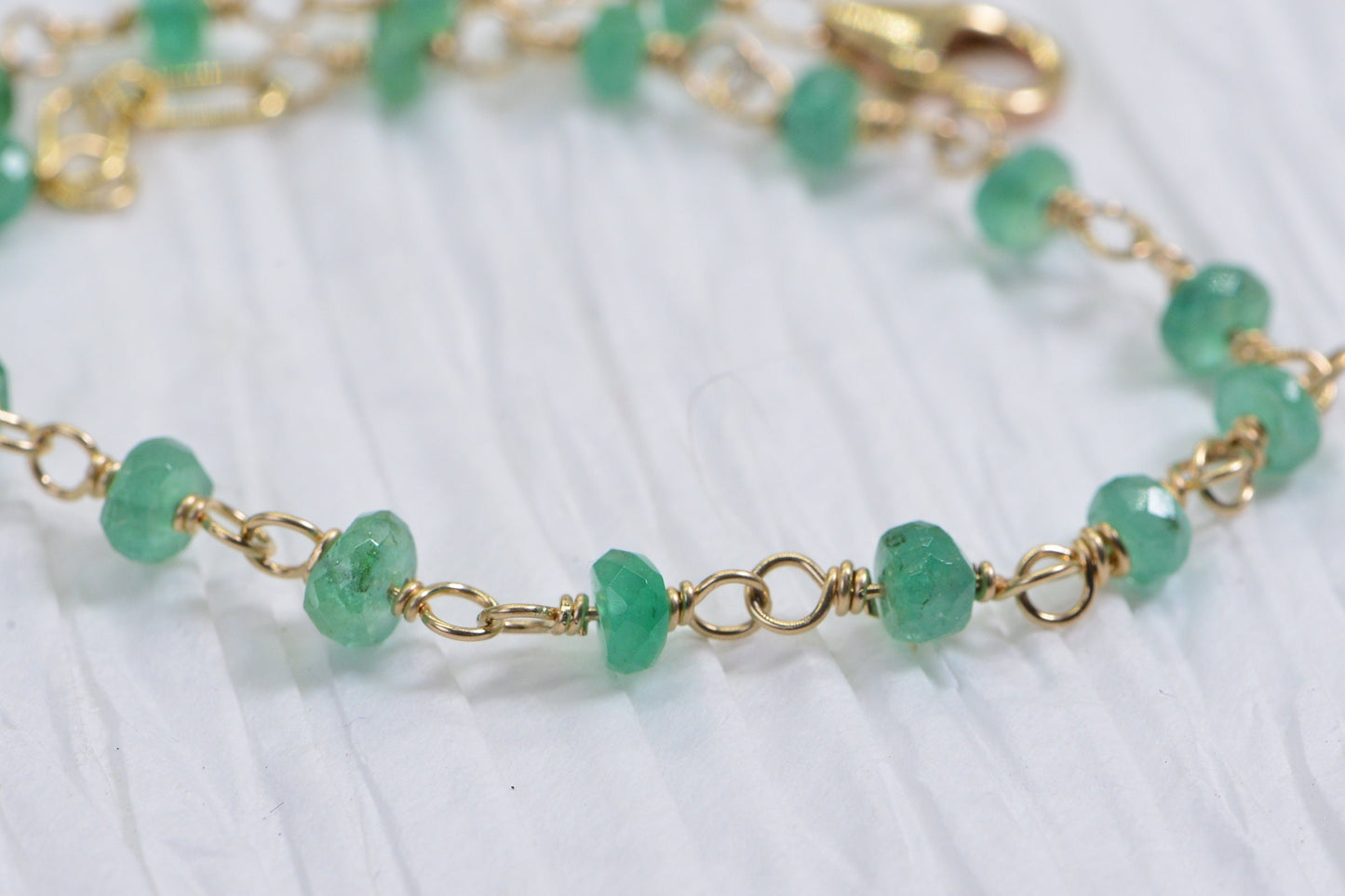 Handmade Emerald Bracelet: 14K Gold Filled Wire Wrapped Chain, May Birthstone