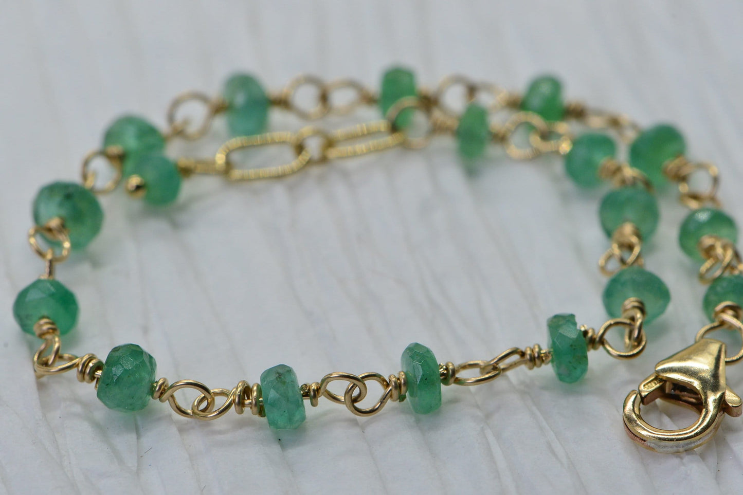 Handmade Emerald Bracelet: 14K Gold Filled Wire Wrapped Chain, May Birthstone