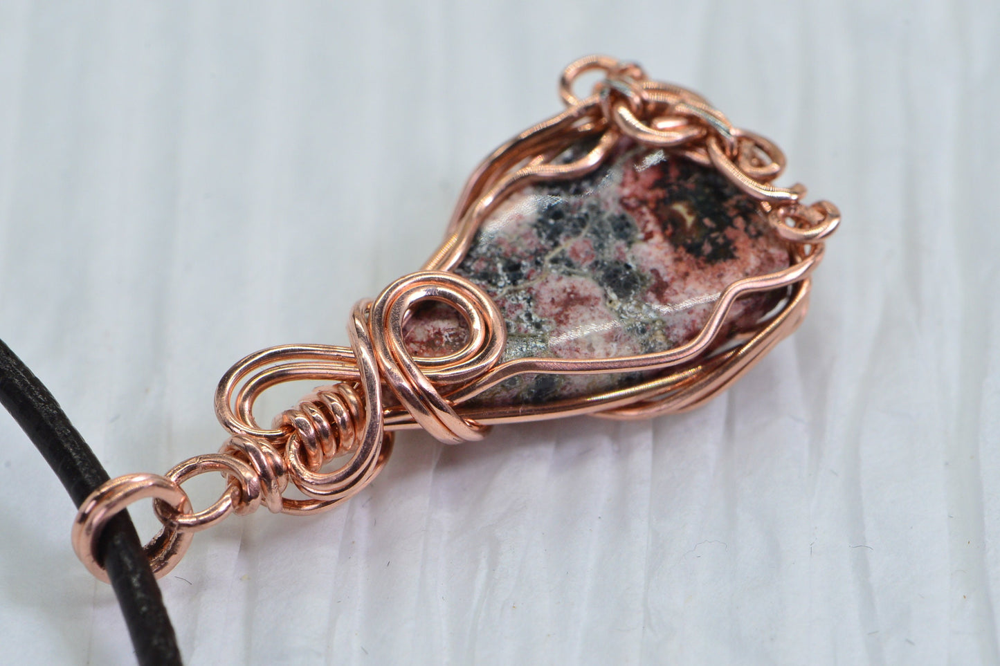 Leopard Skin Jasper Wire Wrapped Copper Pendant Leather Necklace 32inch Amulet Protection Necklace