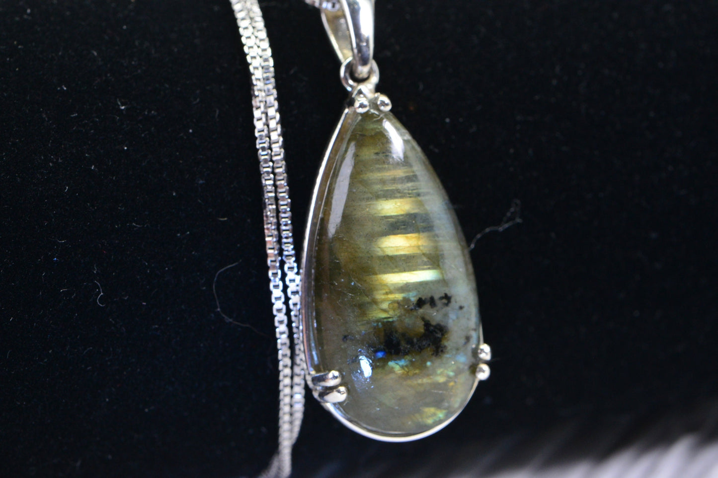 Labradorite Teardrop Pendant: Sterling Silver Gold Blue Flash Crystal