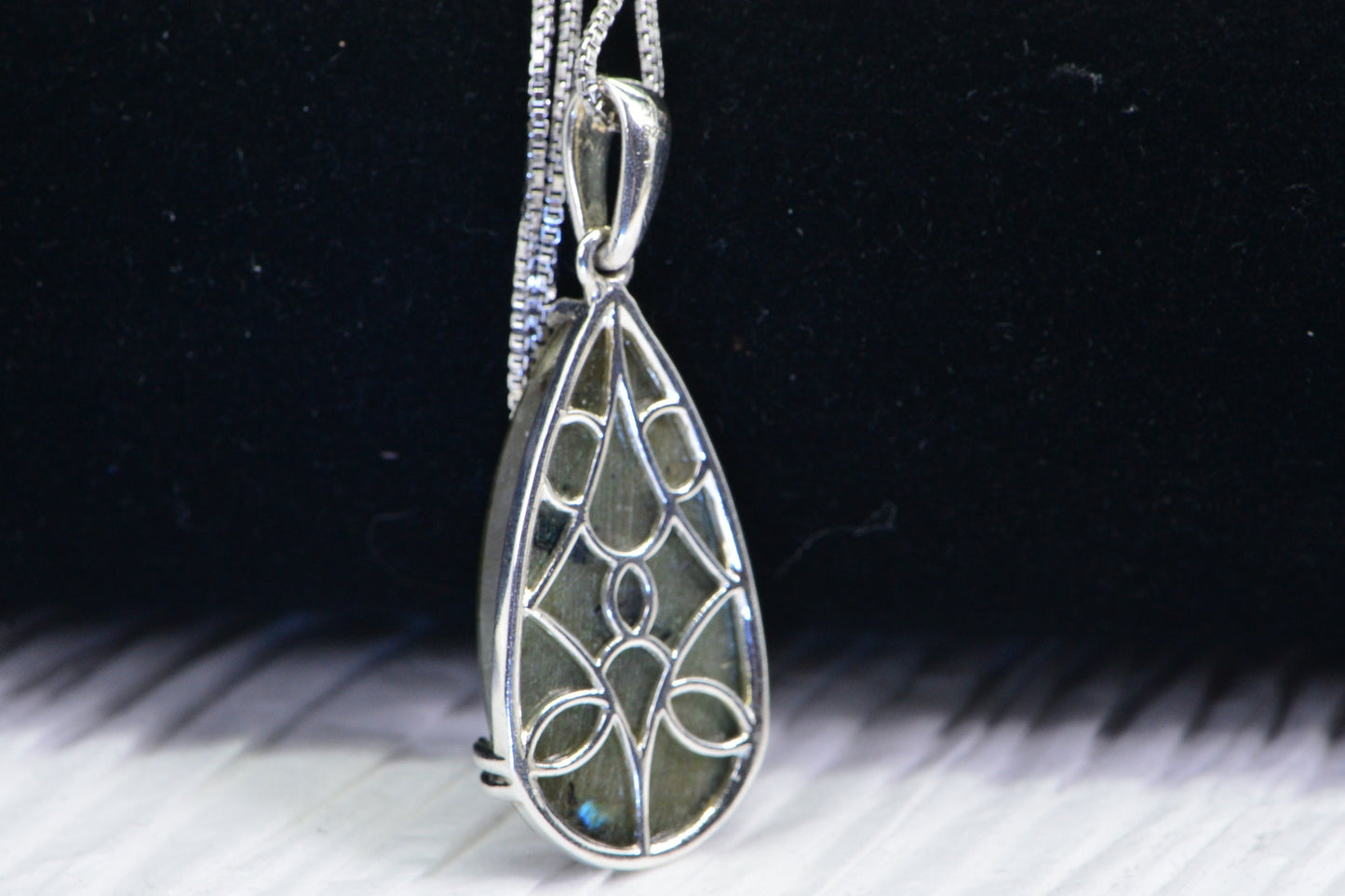 Labradorite Teardrop Pendant: Sterling Silver Gold Blue Flash Crystal