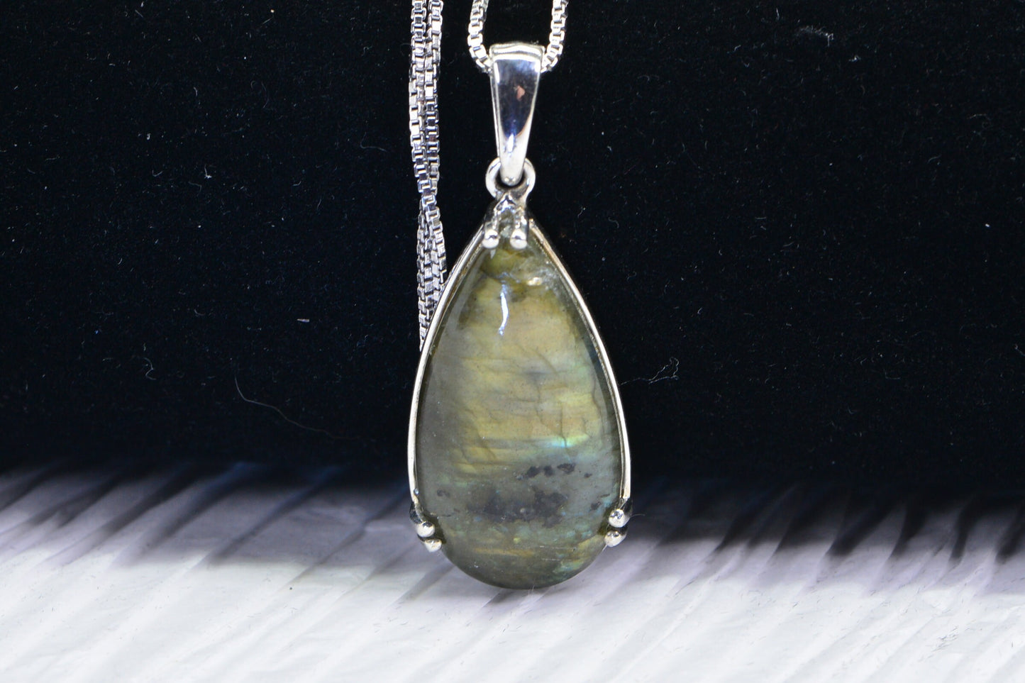 Labradorite Teardrop Pendant: Sterling Silver Gold Blue Flash Crystal