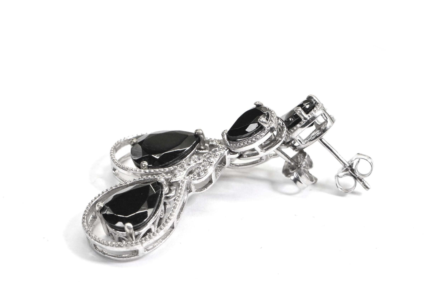 Black Spinel Teardrop Earrings: Sterling Silver Floral Post Earrings