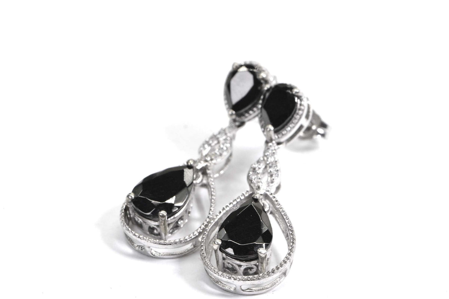 Black Spinel Teardrop Earrings: Sterling Silver Floral Post Earrings