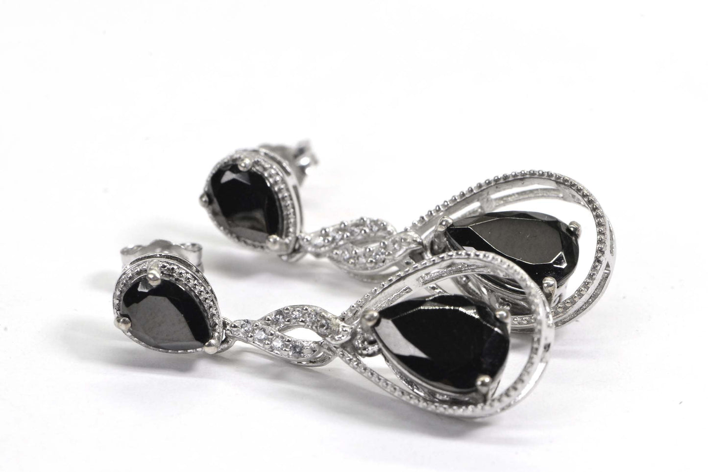 Black Spinel Teardrop Earrings: Sterling Silver Floral Post Earrings