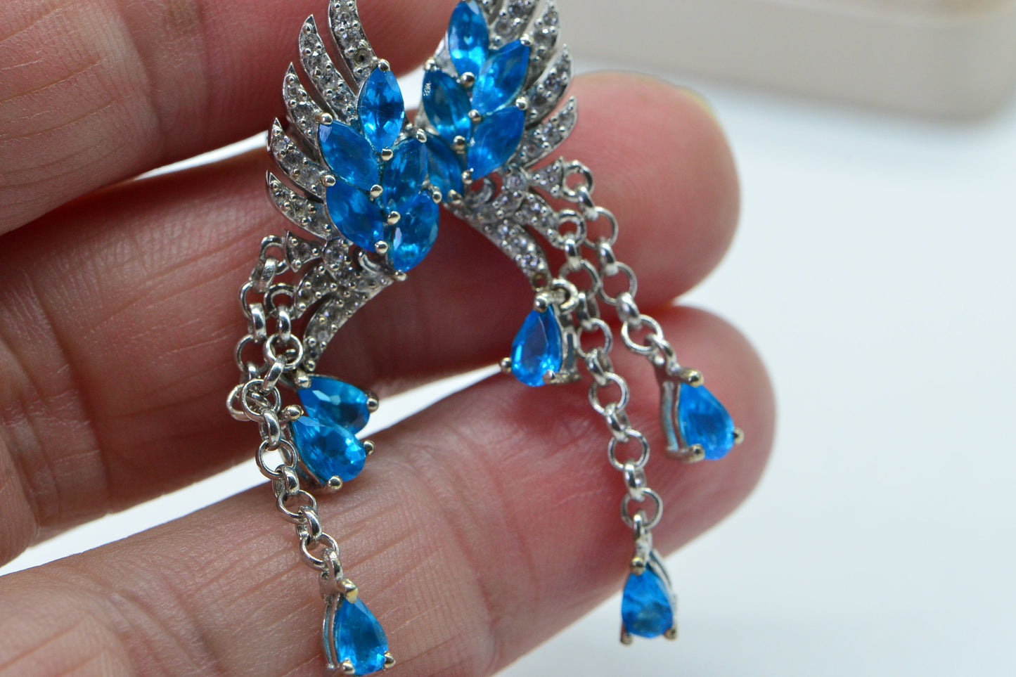 Neon Apatite Wing Earrings: Sterling Silver Drop Studs, March Birthstone