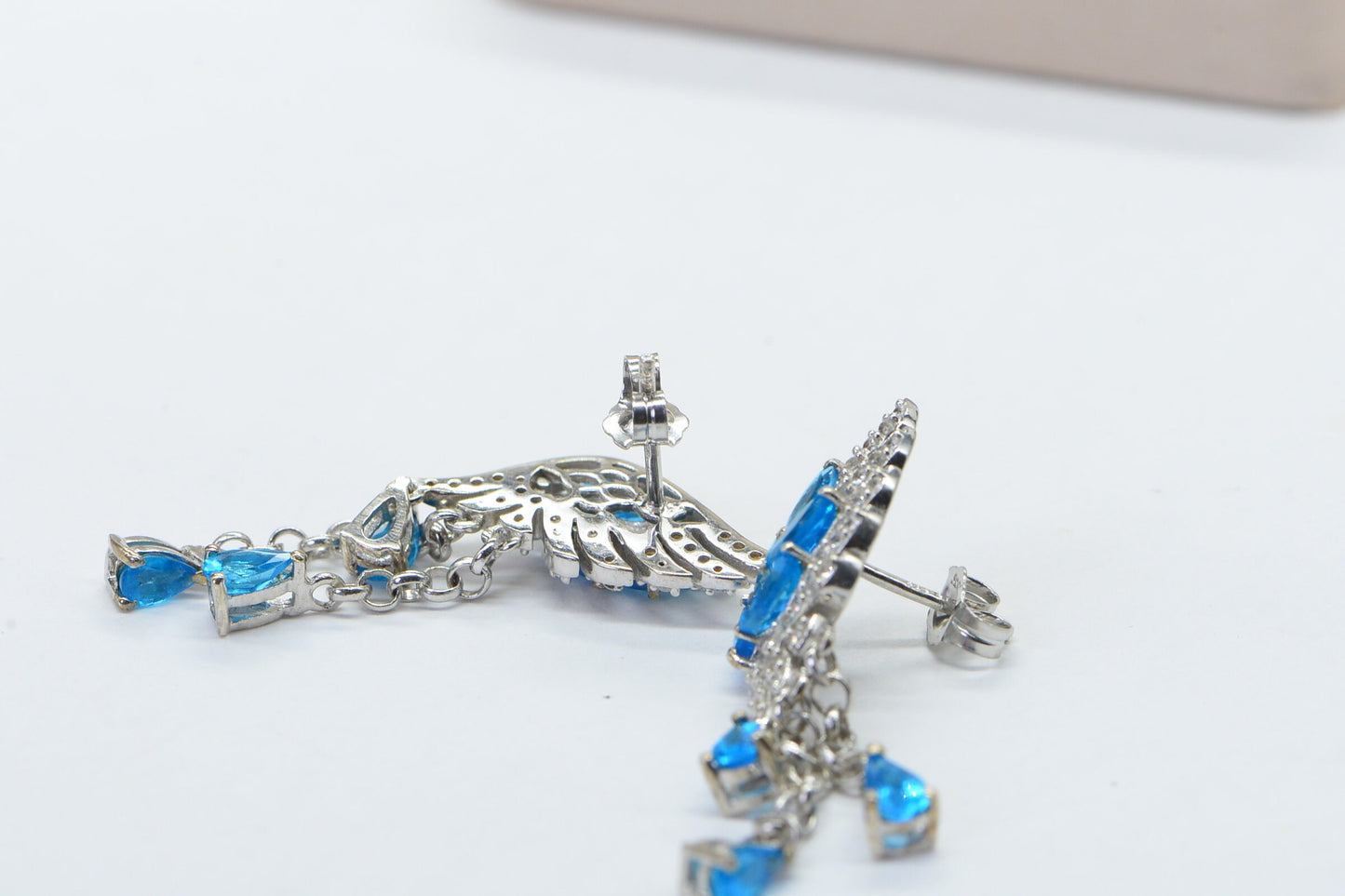 Neon Apatite Wing Earrings: Sterling Silver Drop Studs, March Birthstone